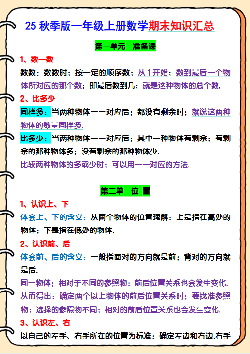 【2025秋新版】一年级上册数学期末知识汇总