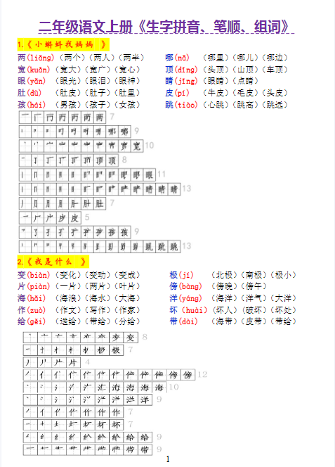 24秋二年级语文上册期末《生字拼音、笔顺、组词》