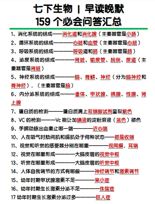 七下生物159个必会问答汇总