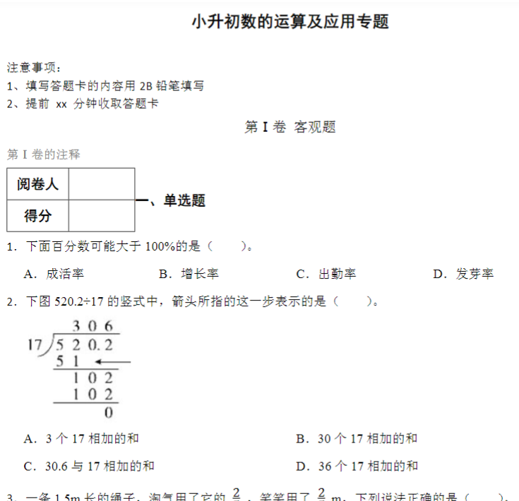 11页小升初数的运算及应用专题（专项练习）人教版六年级下册数学
