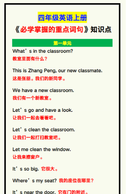四年级英语上册《必学掌握的重点词句》，期中复习看一看！