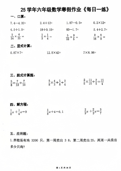 【26页】25学年6年级数学寒假作业每日一练