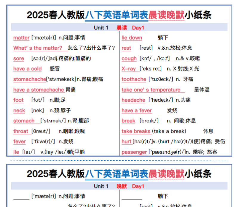 22页！2025春新人教版八下英语单词表晨读晚默小纸条