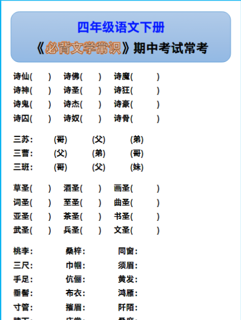 四年级语文下册《必背文学常识》期中考试常考！