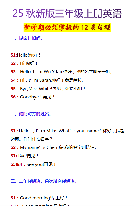【2025秋新版】三年级上册英语新学期必须掌握的12类句型