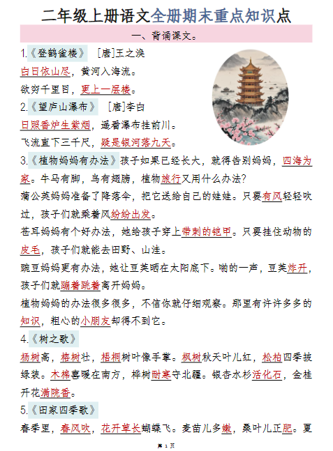 二年级上册语文期末重点知识汇总
