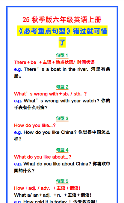 【2025秋新版】六年级英语上册《必考重点句型》错过就太可惜了！