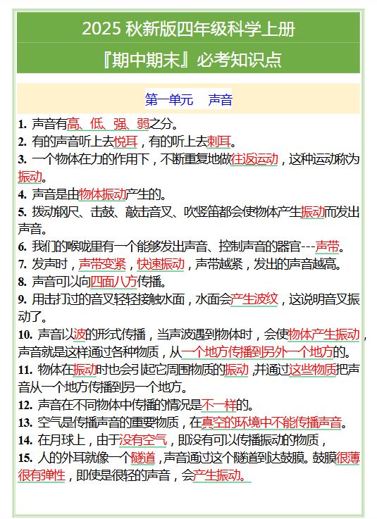 【2025秋新版】四年级科学上册『期中期末』必考知识点