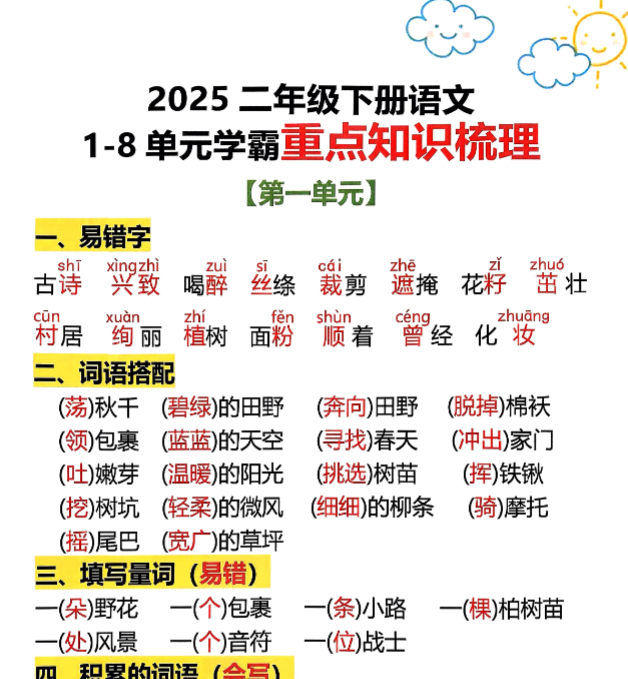 31页二年级下册语文1-8单元学霸重点知识梳理