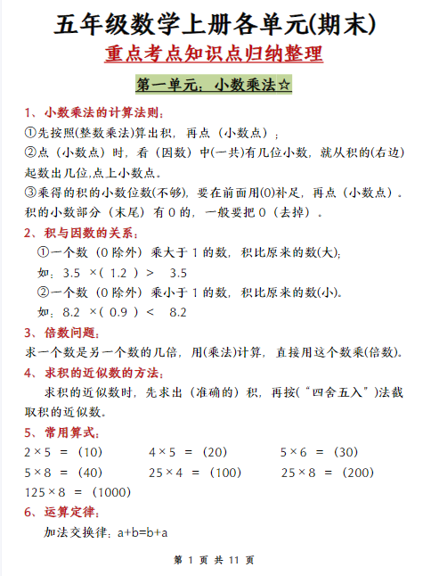 5上人教版数学【期末各单元知识点归纳整理】