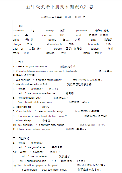 五年级英语下册期末知识清单汇总(人教新起点)