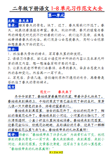 2025年春2年级语文下册【1-8单元习作范文大全】