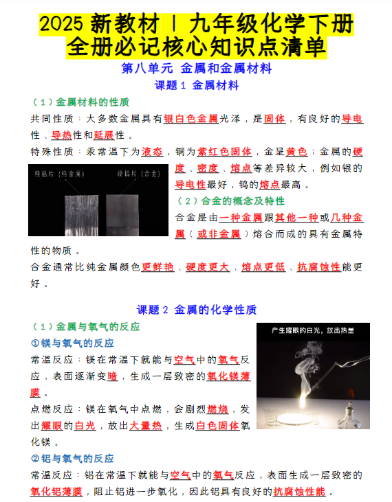 2025新教材 九年级化学下册：全册必记核心知识点清单