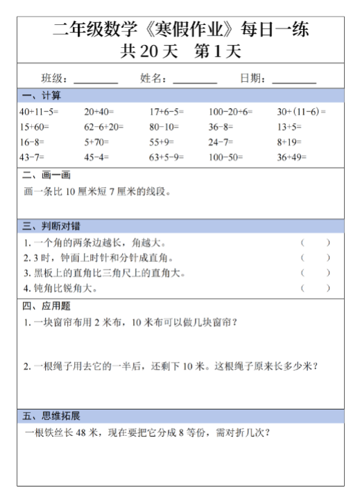 【精品】2年级数学寒假作业20天