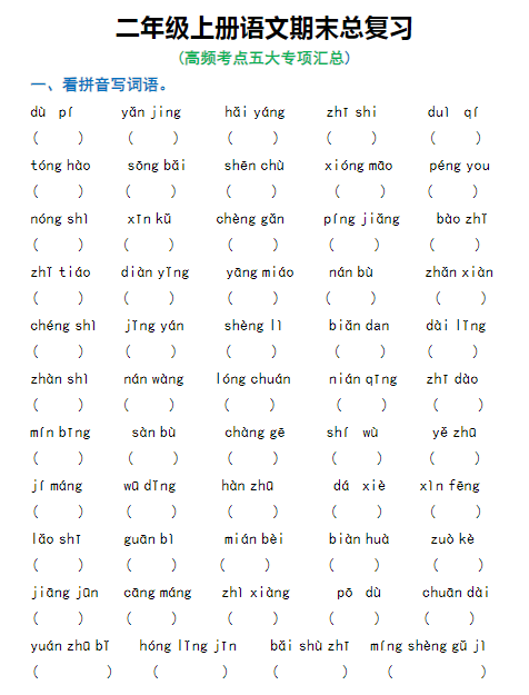二年级上册语文期末复习高频考点五大专项练习