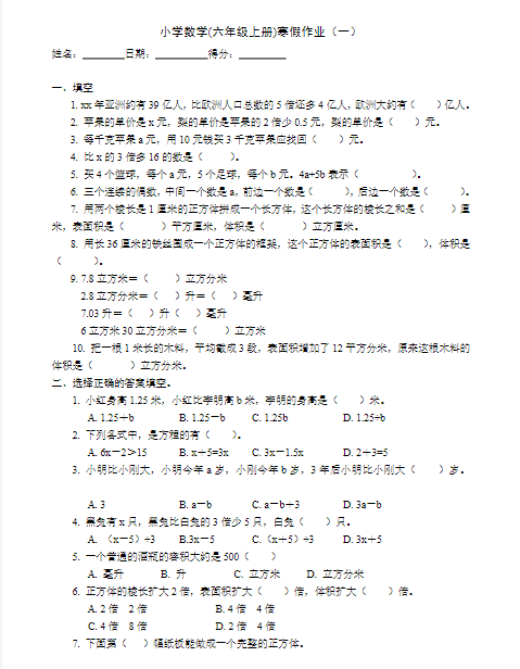 2025最新六年级数学上册《寒假作业》