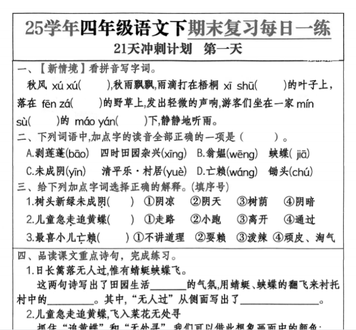 21页！2025春四下语文期末21天冲刺计划