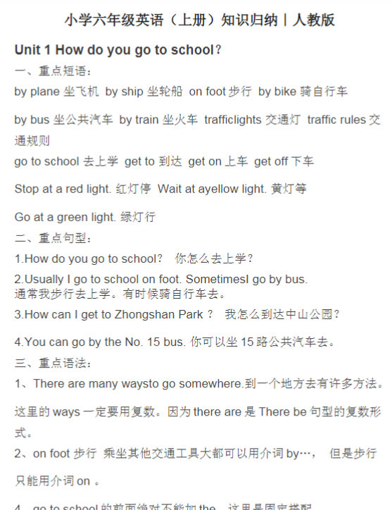 小学六年级英语（上册）知识归纳｜人教版