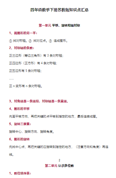 【12页】四年级数学下册苏教版全册知识点归纳