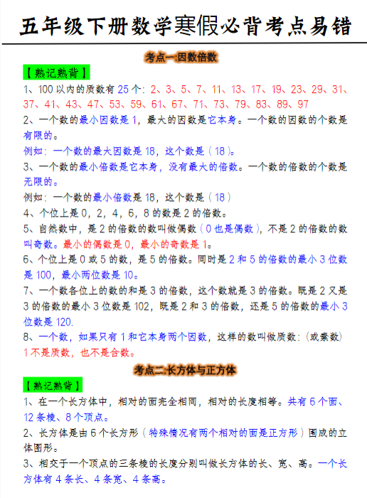 五年级下册《数学必背考点易错》