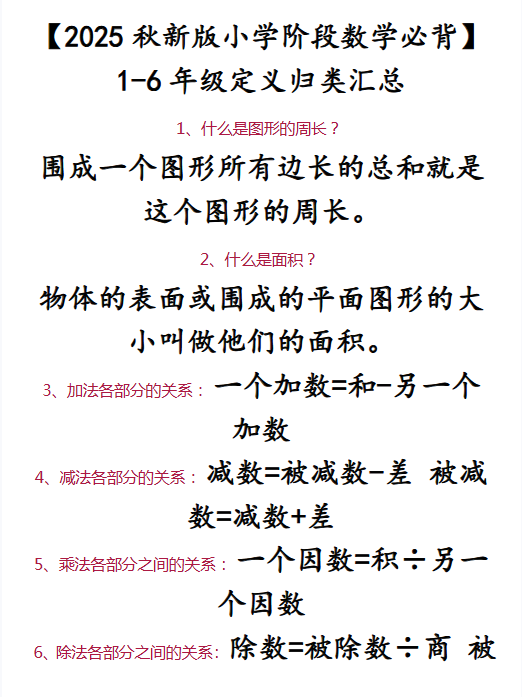 【2025秋新版】【小学阶段数学必背】 1-6年级定义归类汇总