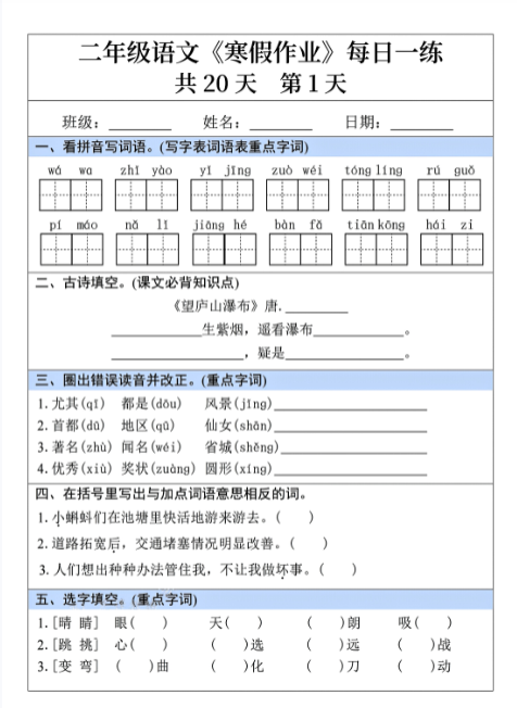 【精品】二年级语文寒假作业每日一练共20天