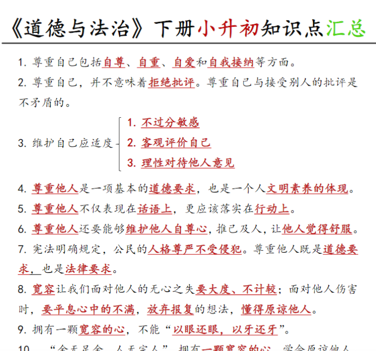 《六年级《道德与法治》下册小升初知识点汇总》六下道法