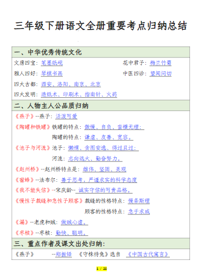 2025春【全册重要考点归纳总结20页】三下语文