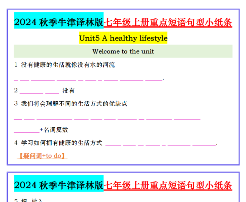 26页！2024秋季牛津译林版七年级上册重点短语句型小纸条5-8单元