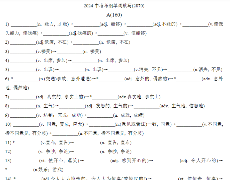 71页！2024年中考英语考纲词汇及短语基础过关