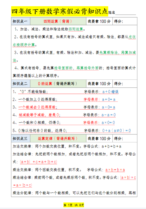 【精品】四年级下册数学寒假必背知识点