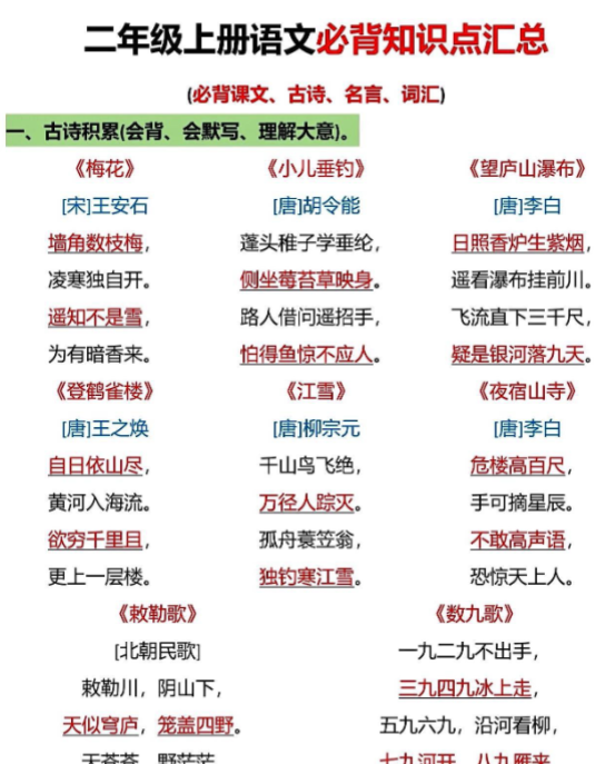 二年级上册语文必背知识点汇总