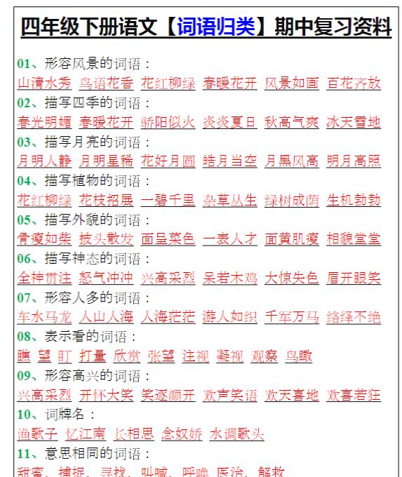 四年级下册语文【词语归类】期中复习资料