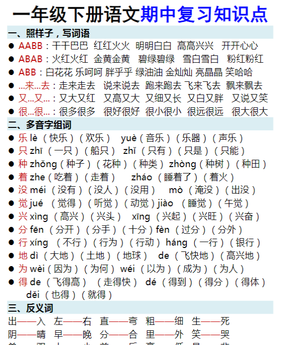 一年级下册语文期中复习知识点