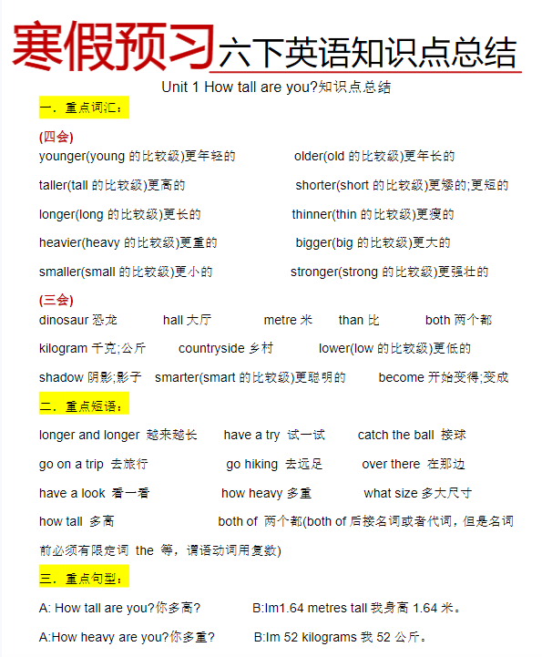 《六年级下册英语单元知识点总结》六下英语【人教PEP版】