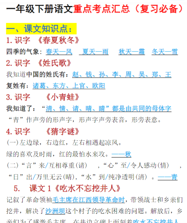 13页！一年级下册期末语文重点考点汇总（复习必备）