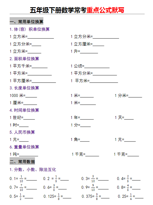 五年级下册数学常考重点公式默写