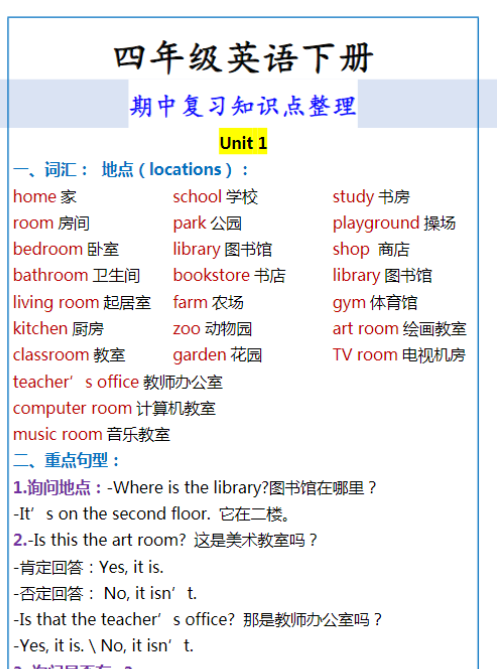 四年级英语下册 期中复习知识点整理