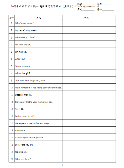 2025春新版三下人教pep英语单词默写练习（英译中）-Useful expressions1-6