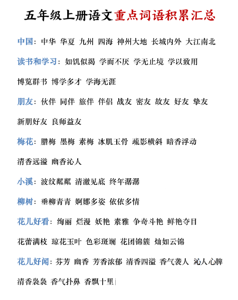 五年级上册语文期末重点词语积累汇总
