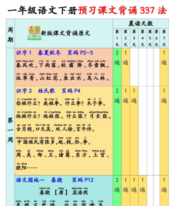 【高清电子版】一年级语文下册预习课文背诵337法+课文内容填空17页