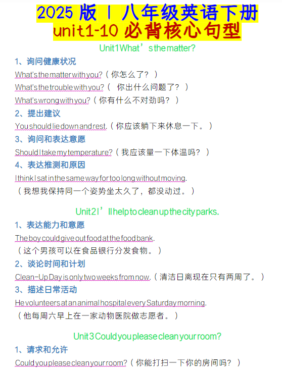 八年级英语下册unit1-10必背核心句型