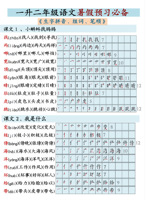 24秋二年级上册语文期末生字拼音笔顺组词必备彩色