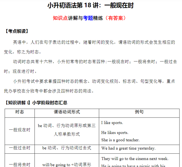 10页小升初语法专题讲练第18讲：一般现在时