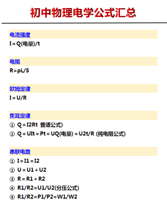 初中物理电学公式汇总