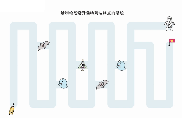 10页打包！绘制铅笔避开怪物到达终点的路线，亲子控笔描红线条图形认知游戏，电子版PDF可打印【超高质量】