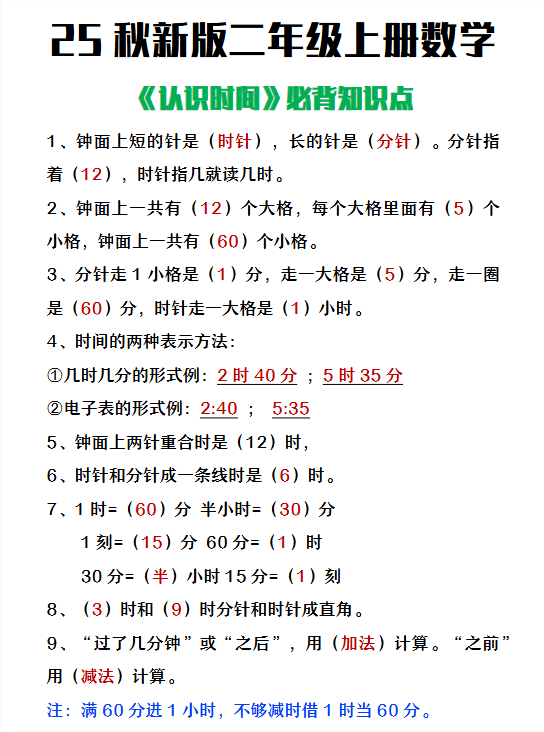 【2025秋新版】二年级上册数学认识时间必背知识点整理
