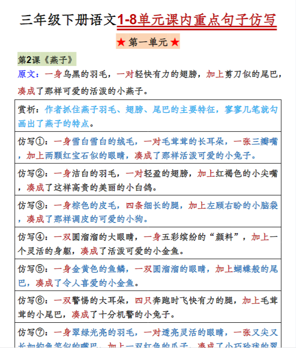 【8页】三下语文(必考仿写句子)读背版