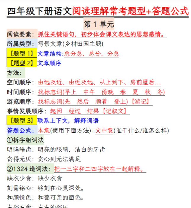 13页寒假预习计划-02+四年级下册语文阅读理解常考题型+答题公式
