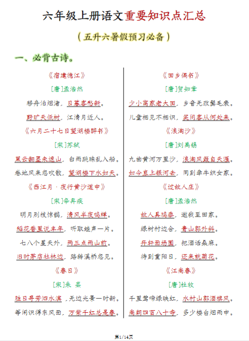 《2025春新课改六上语文必背知识点汇总》